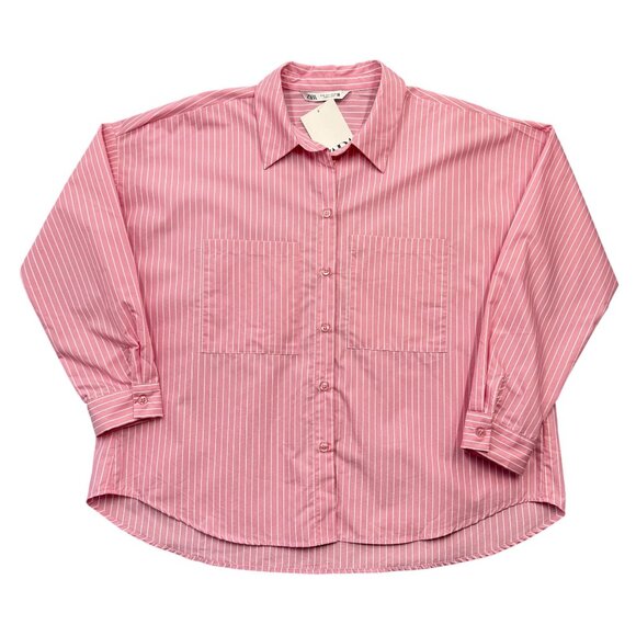 Zara Button Up Shirt Pink Striped Preppy Office Clean Girl Career Womens L NEW - Picture 1 of 9